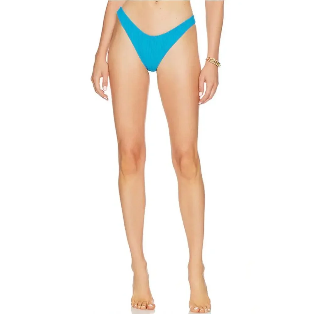 L*Space Cabana Bitsy Bikini Bottom Bright Blue Ribbed High Cut Cheeky NEW XS